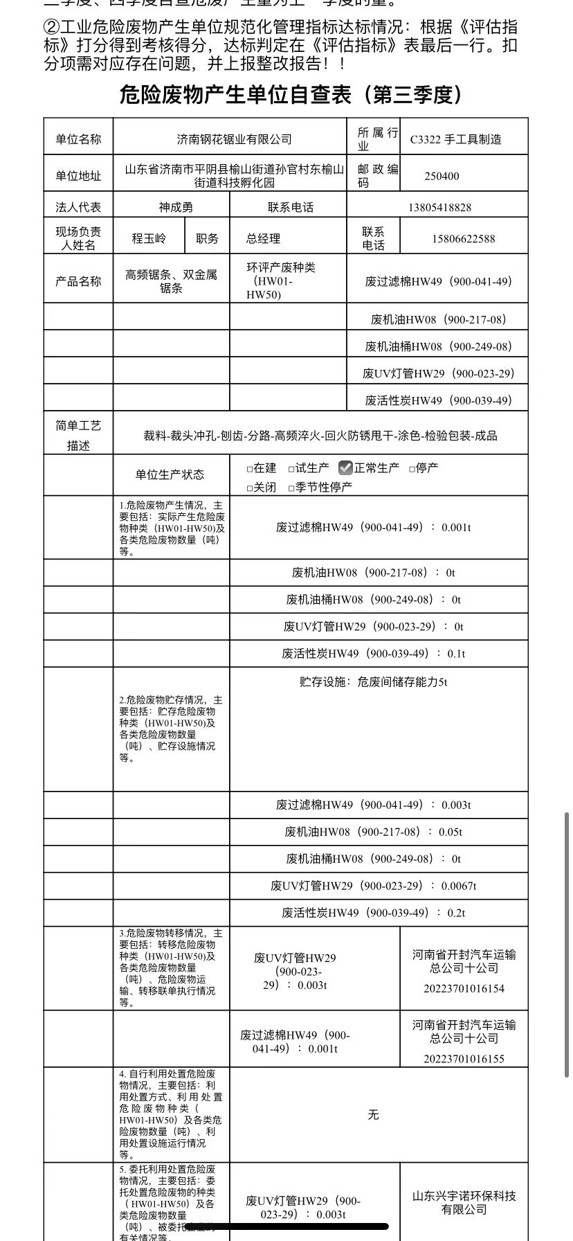 危险废物四季度自查表